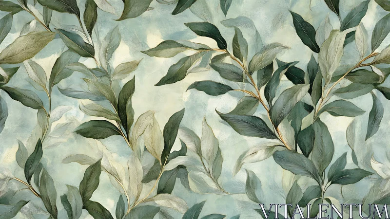 Botanical foliage pattern with layered sage green leaves.