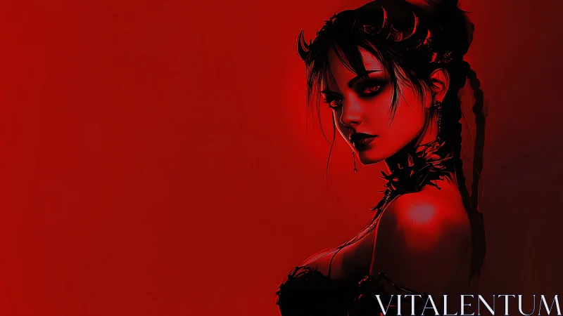 Demon horned woman rendered in red digital portrait