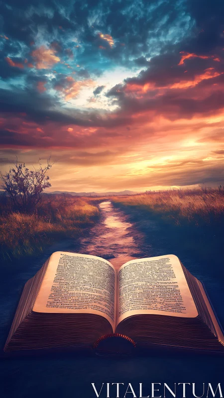 Illuminated open book guiding path into glowing sunset sky.