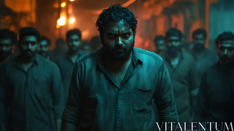 Brooding leader advancing through neon-lit alley crowd.