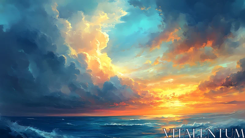 Digital seascape sunset with dramatic atmospheric cloud masses.