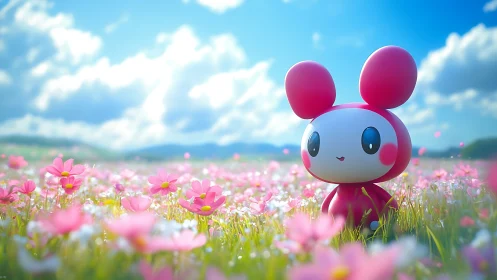 Red cartoon character in pink flower field under blue sky.