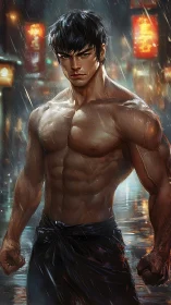 Shirtless male figure stands in rainy neon-lit urban street