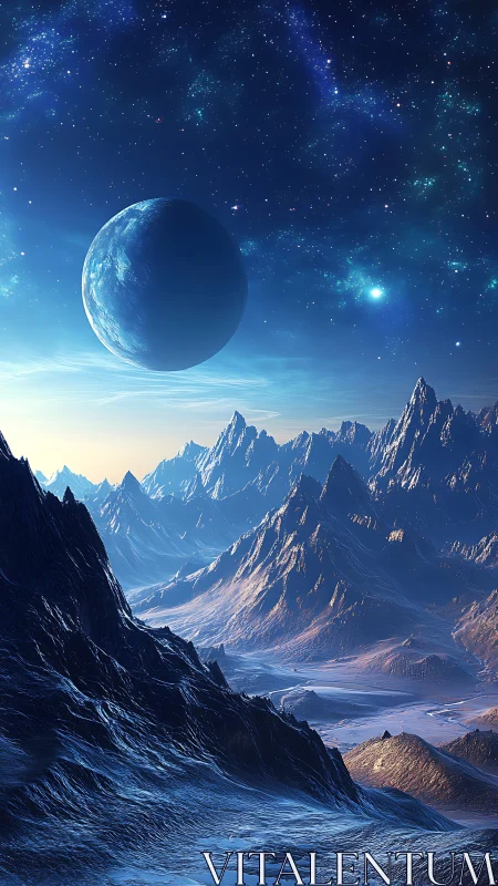 Digital painting of icy alien mountains under distant planet.