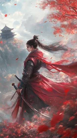 Red-clad warrior faces misty cliffs and distant temple.
