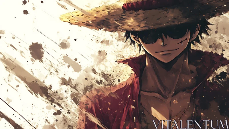 Straw-hatted rebel strides through splattered dusk light.