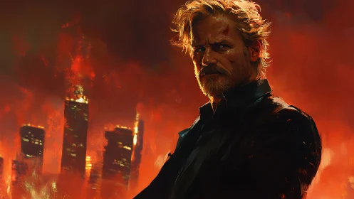 Brooding hero stands before burning city skyline inferno.