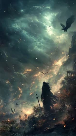 Cloaked warrior surveys apocalyptic skies in high-fantasy tableau
