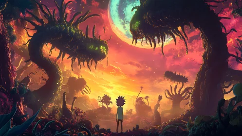 Neon twilight swallows a lone wanderer in alien jaws