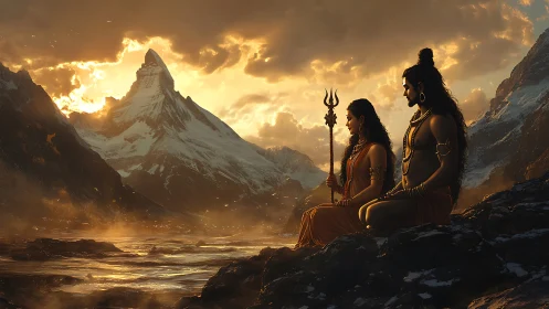 Divine couple overlook sunlit Himalayan peak in warm haze.