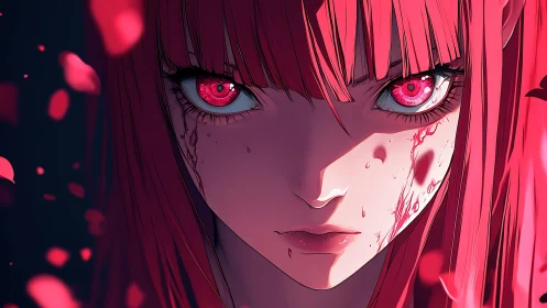 Crimson gaze girl amid falling petals and fierce silence.