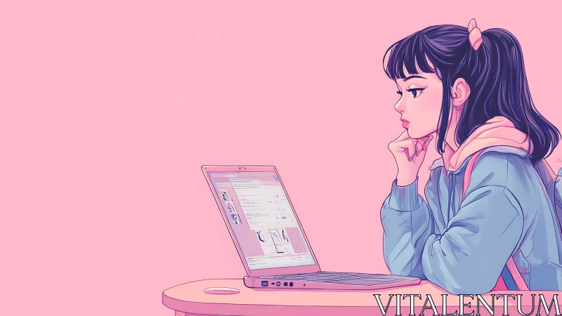 Thoughtful girl studies on laptop in soft pastel workspace