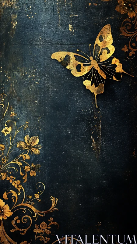 Gold butterfly and floral ornament on textured dark surface.