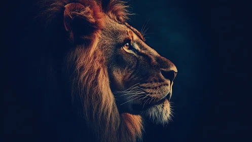 Side-profile lion portrait with dramatic low key lighting