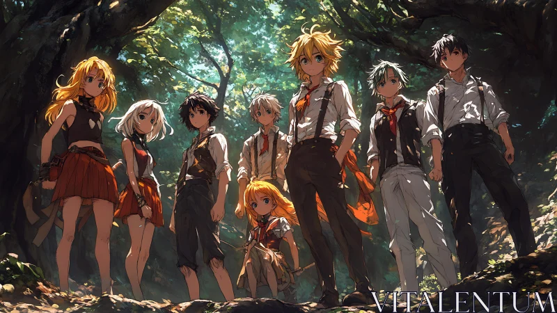 Group of uniformed youths standing in shaded forest clearing.