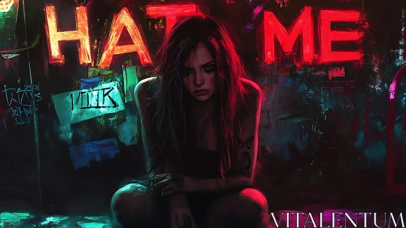 Neon punk girl crouches under hostile HATE ME graffiti glow.