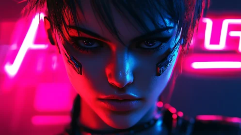 Cybernetic woman under neon rim lighting with asymmetric implants