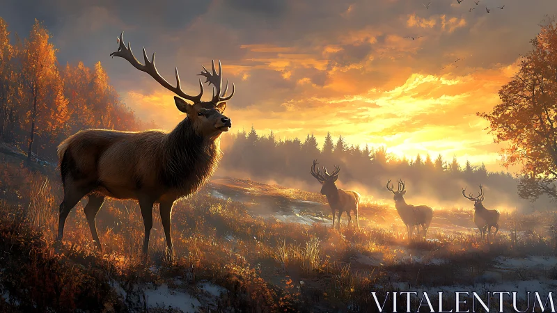 Cervid herd in volumetric autumn sunrise backlighting field.