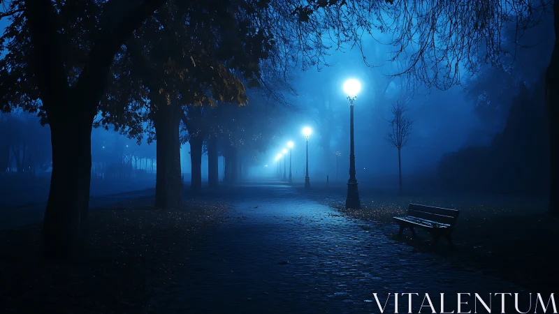 Foggy park path with illuminated lamps and empty benches.