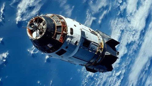 Command and service module drifts above Earth in high orbit