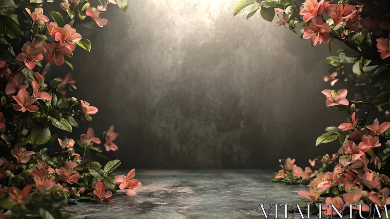 Blush-petal archway frames a quiet, light-kissed stage.