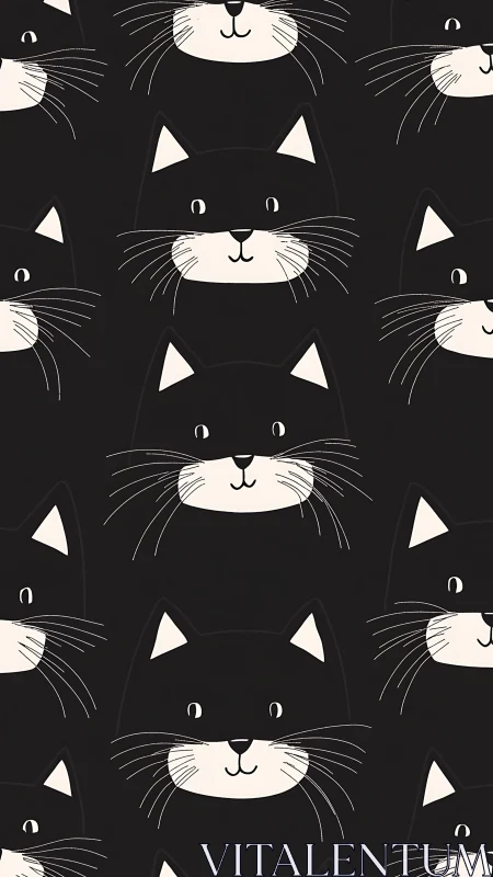 Black and White Repeating Cat Face Pattern Design.