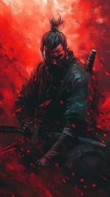 Brooding samurai warrior amid swirling crimson embers.