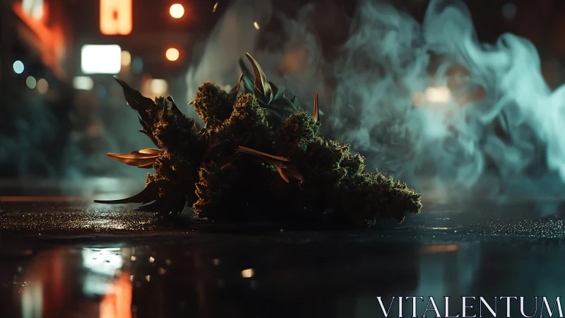 Moody urban bouquet rests softly in glowing evening mist