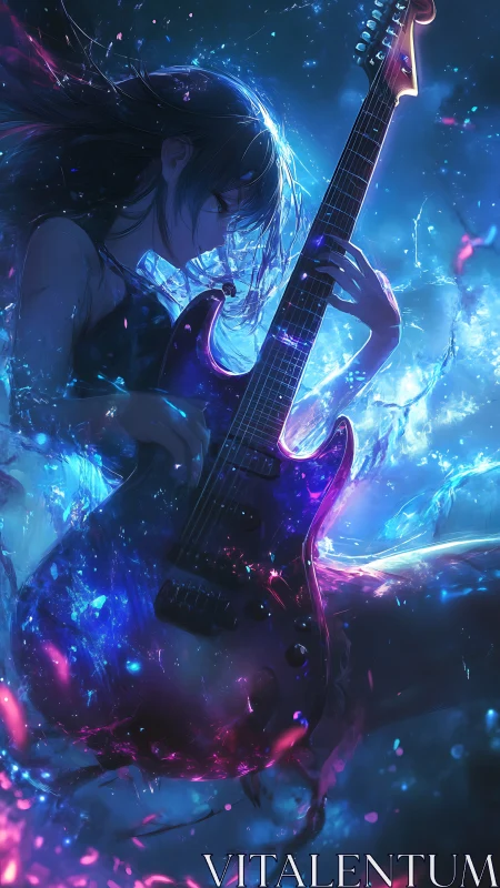 Backlit anime guitarist immersed in luminous particle-rich nebula field