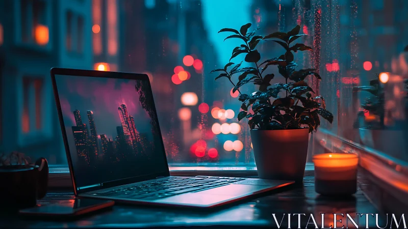 Laptop and plant sit on windowsill overlooking defocused city