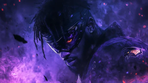 Dark-eyed cyber vigilante emerges from swirling violet smoke