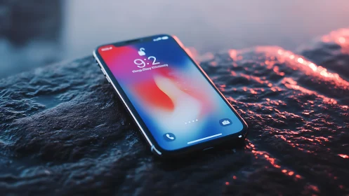 Modern iPhone on Dark Rock with Glowing Reflection