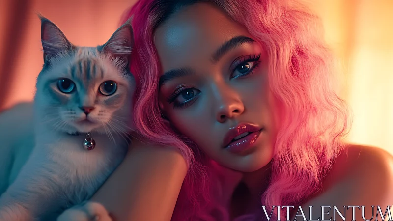 Woman with Vibrant Pink Hair Holding Her Charming Cat Close