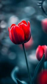 Scarlet tulip glows softly against a cool blurred garden