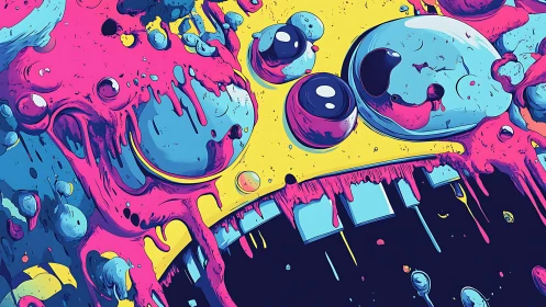 Viscous neon character portrait with liquefied eyes and melting forms