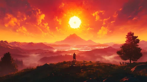 Lone traveler facing blazing sun over misty mountains.