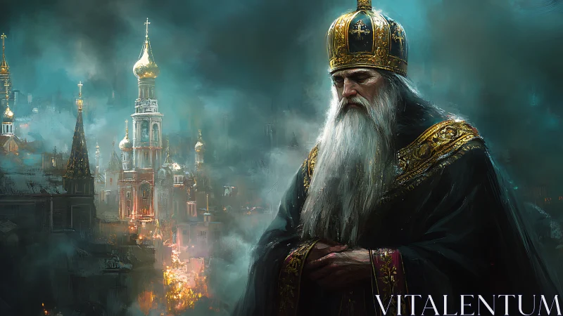 Elderly crowned ruler before burning domed skyline scene.