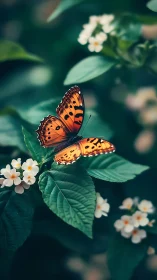 Orange butterfly rests softly on lush spring foliage.