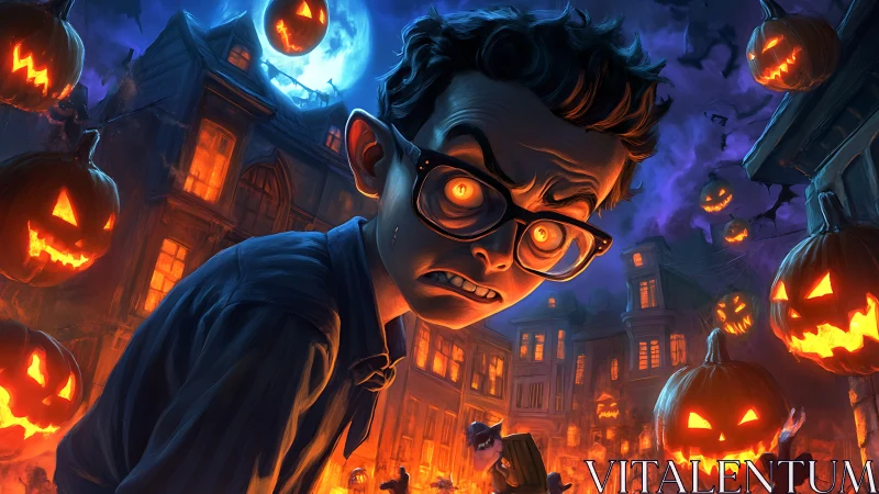 Eyes glow with Halloween mischief in a haunted city street