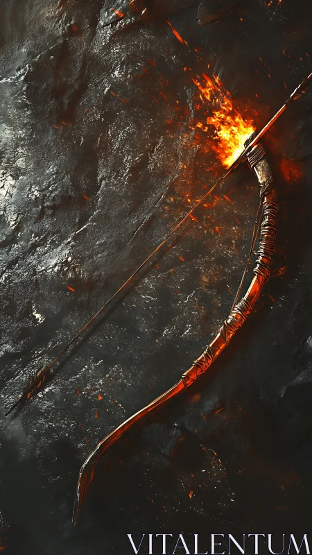 Flaming war bow and arrow on molten rock backdrop, digital painting.