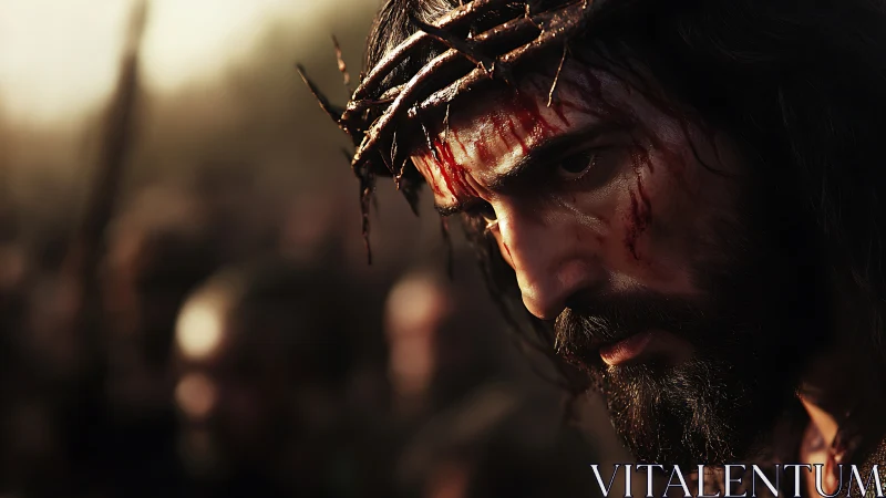 Sorrowful bearded man in thorn crown with bloodstained face.