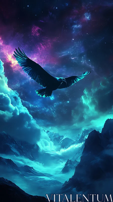 Stellar raptor soaring above neon glacial mountainscape.