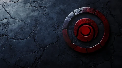 Red segmented spiral emblem on dark fractured stone surface.