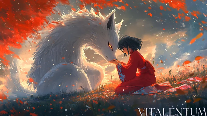 Girl in red bonding with gentle white fox spirit at dusk.
