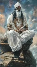 Mystic sage in white robes meditates on storm-lit summit.