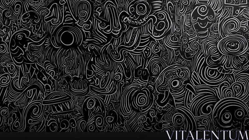 Abstract Doodle Art Wall with Whimsical Faces and Swirls Pattern.