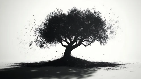 Silhouette tree dissolves into scattered particles across sky