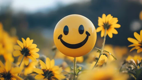 Glossy smiley sphere amid shallow-focus yellow blooms.