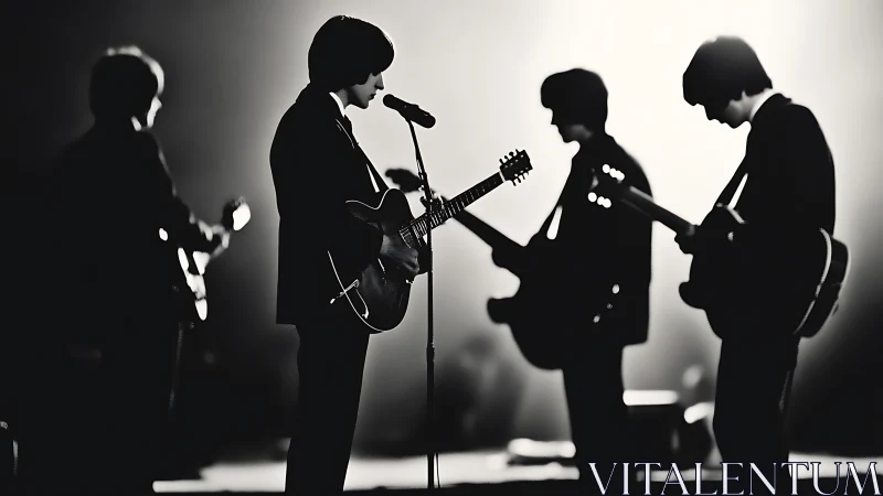 Silhouetted rock band performs under dramatic stage lights.