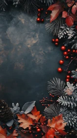 Festive winter foliage frames dark textured slate background